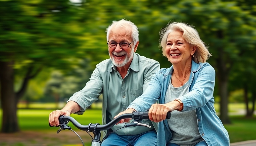 Happy older couple biking outdoors smiling, dental crowns after root canal.