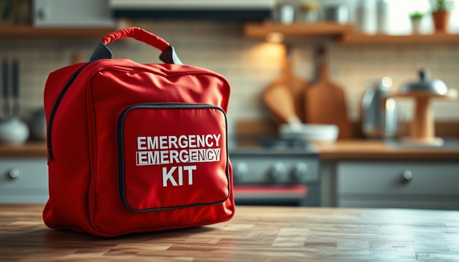 Red dental emergency kit bag on a kitchen counter.