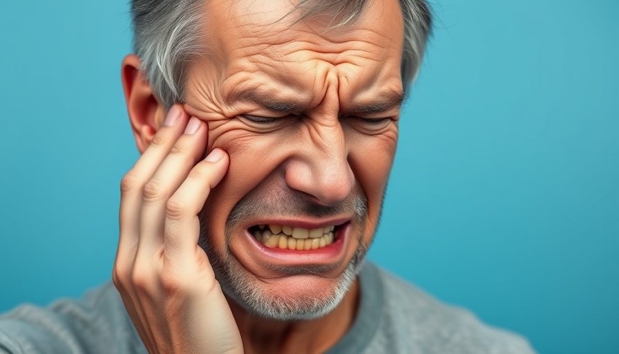 Man with toothache grimacing in pain, seeking toothache treatment.