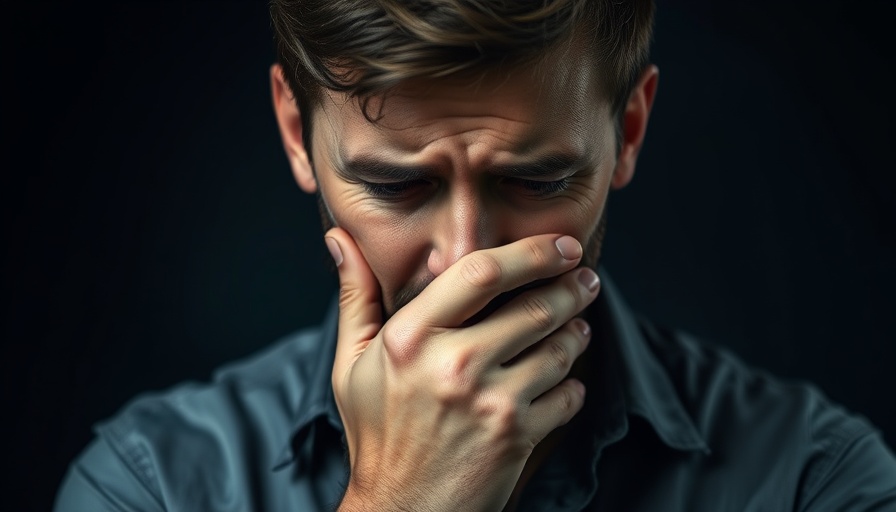 Concerned man covering mouth, potential dental emergency expression.