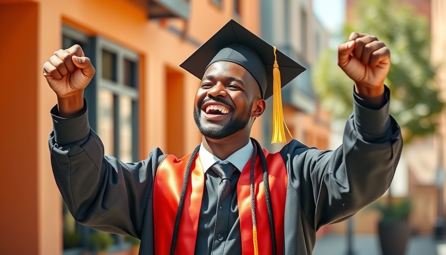 Joyful graduate celebrating with a bright smile outdoors.