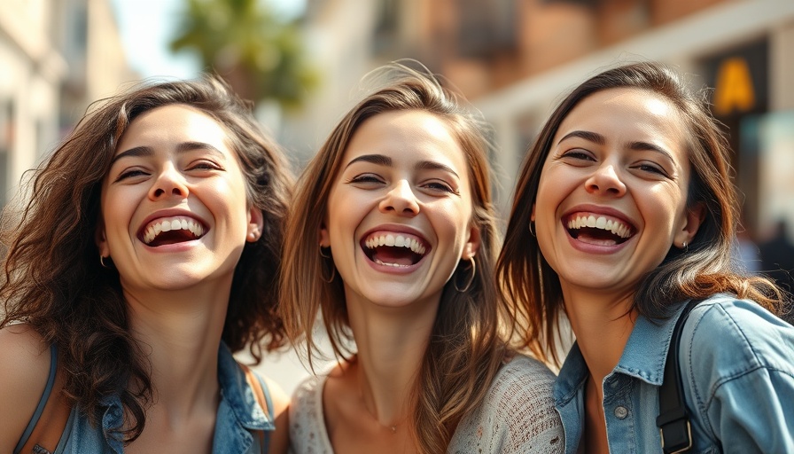 Three women smiling widely, showcasing bright smiles outdoors.