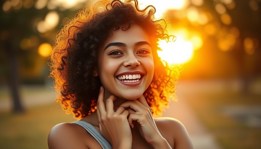 Total smile transformation - woman smiling in sunlight against a sunset backdrop.