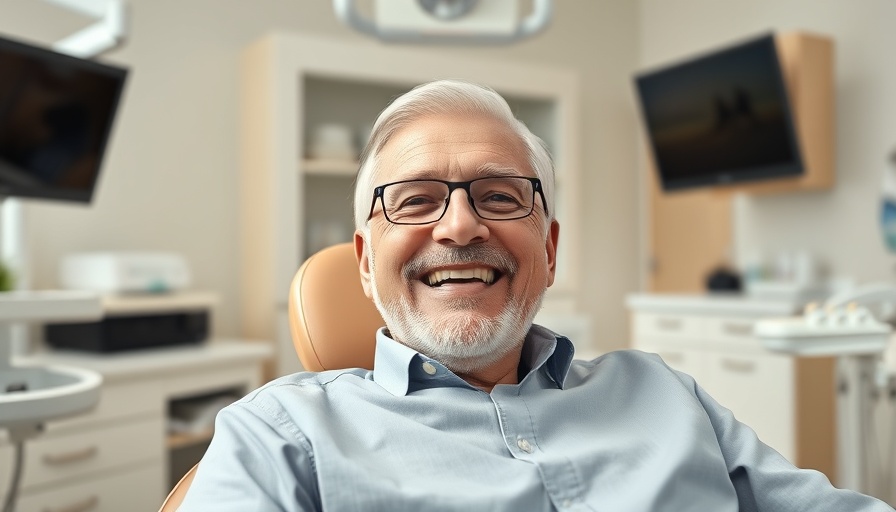 Older man smiling in dental chair during tooth-colored fillings procedure.