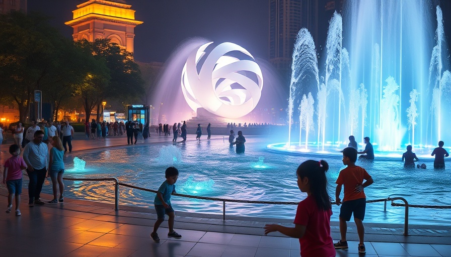 Vibrant night scene with fountains and glowing sculpture, bustling park.
