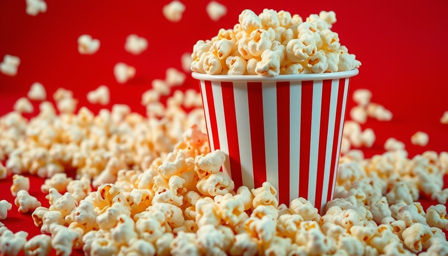 Popcorn in striped bucket against red background, foods getting stuck between teeth.