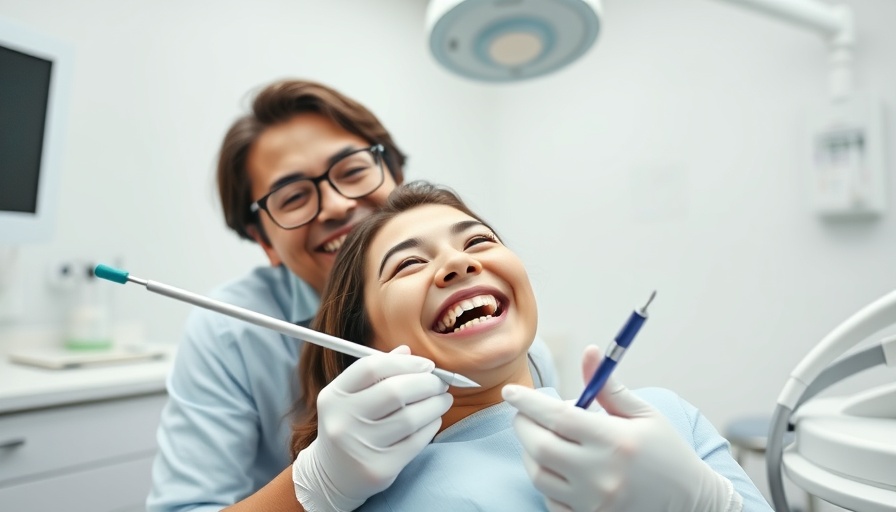 Dentist and patient smiling during dental checkup.