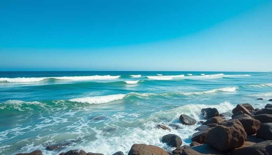Serene coastal scene with rocks and gentle waves.