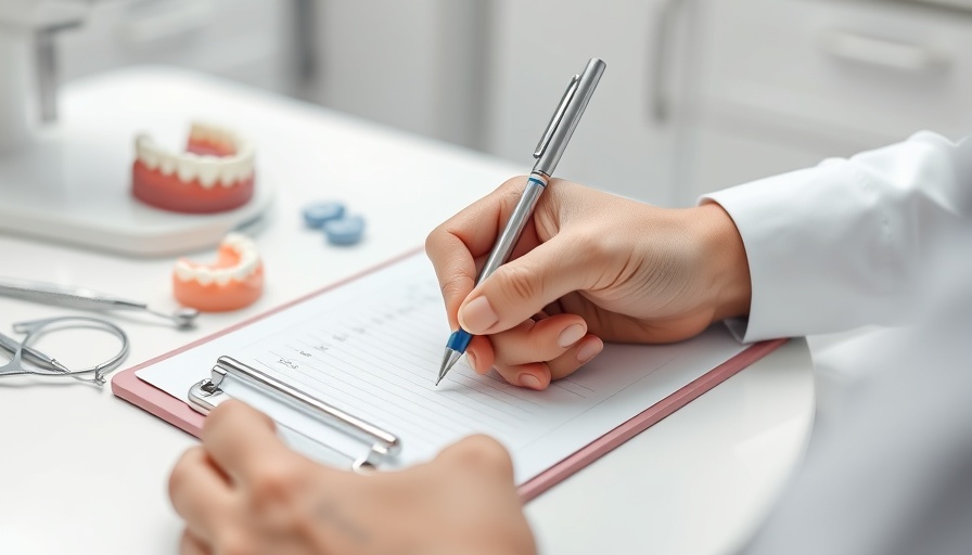 Dentist writing on clipboard with dental model, symbolizing dental insurance coverage in America.