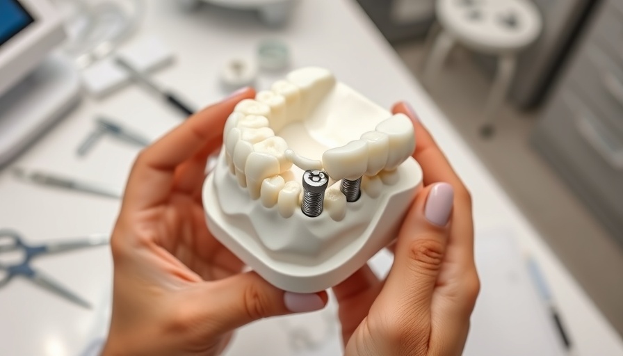 Dental model demonstration, highlighting implants in clinical setting.
