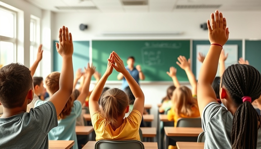Children in classroom raising hands, discussing school fluoride varnish programs.