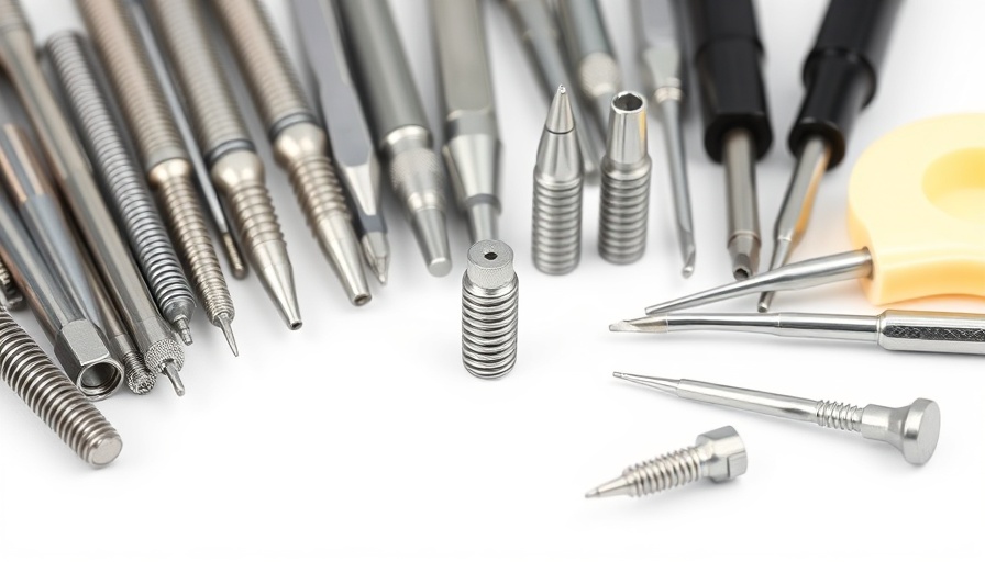 Dental implants and tools displayed on a white background.