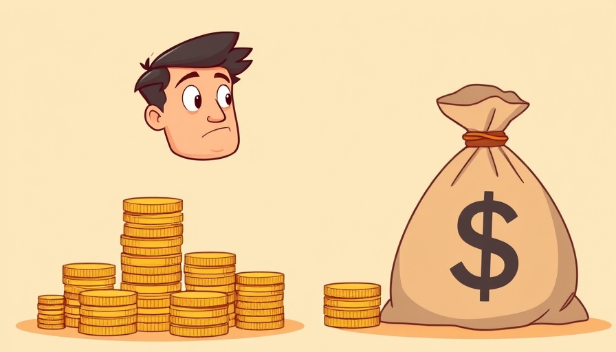 Man pondering how much wealth is enough, illustrated with coins and money bag.