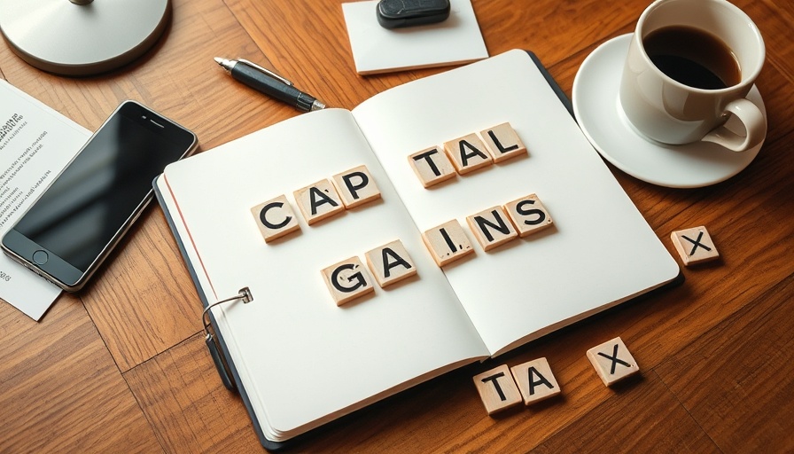 Notebook on desk with 'Capital Gains' and letter tiles spelling 'tax'.