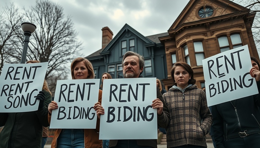 Protesters holding 'Victoria Bans Rent Bidding' sign outside a house.