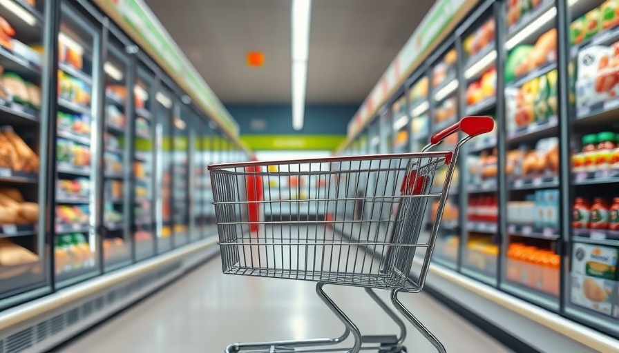 Empty shopping cart in a German supermarket aisle for retail investment research.