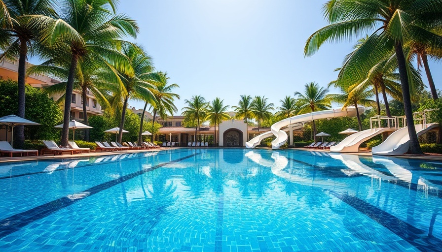 Tropical resort pool with slides and palm trees, bright and inviting.