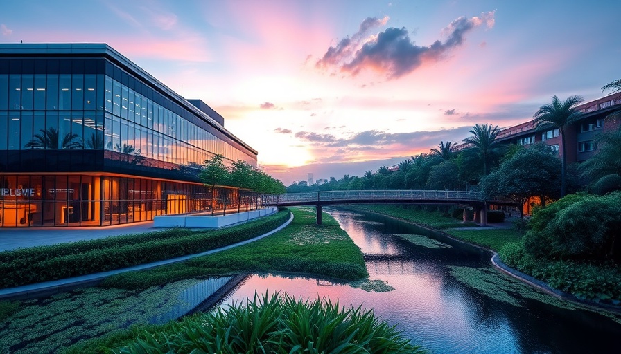 Helios RE financing modern commercial complex at dusk.