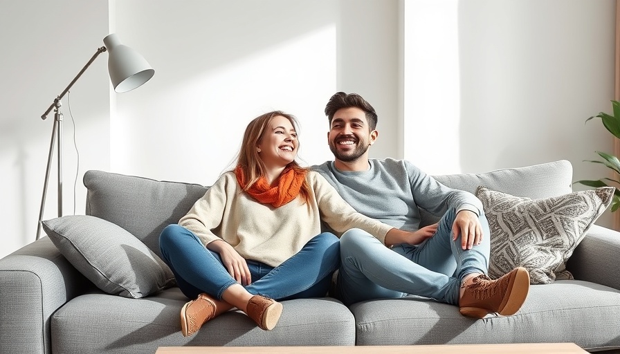 Happy couple on sofa in affordable Western Sydney home.