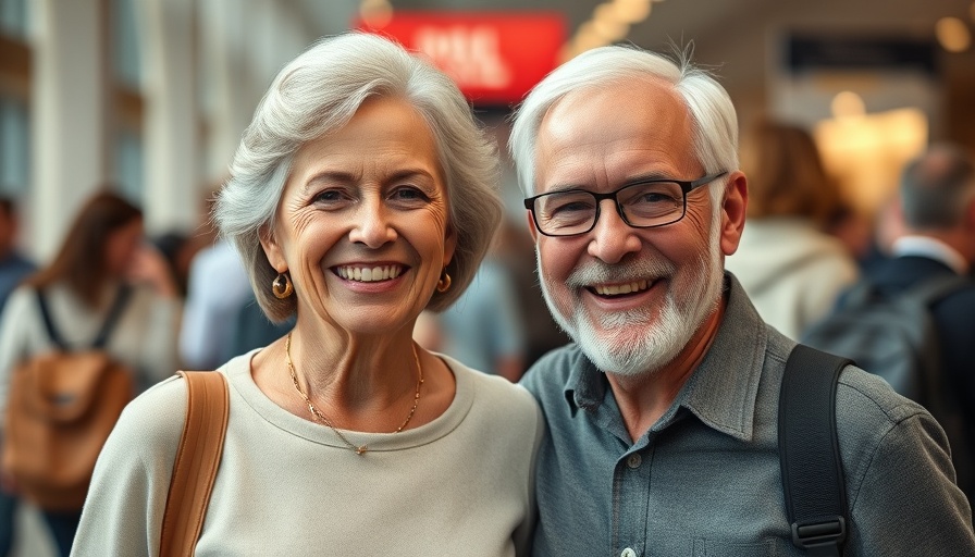 Smiling older couple in a public space, real estate news.