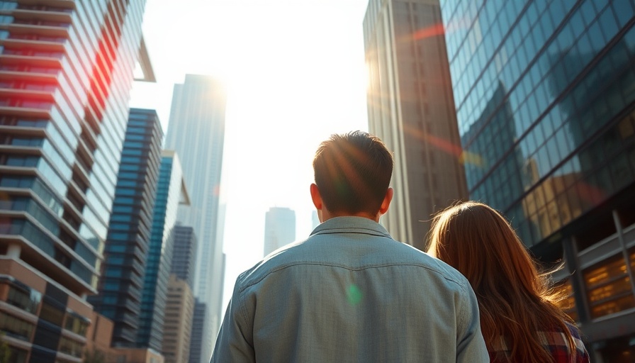 Three people standing before city skyscrapers, symbolizing property investors in Australia housing market.