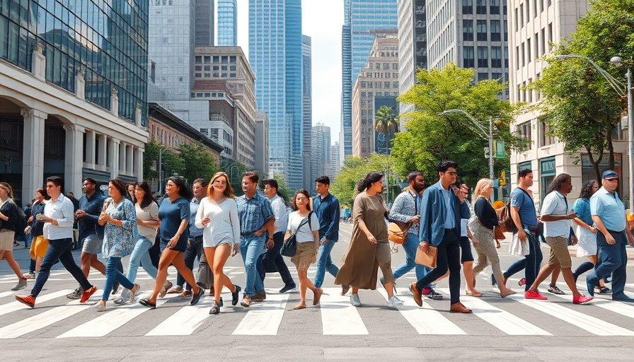 Diverse pedestrians crossing city street, Australia National Demographic Strategy.
