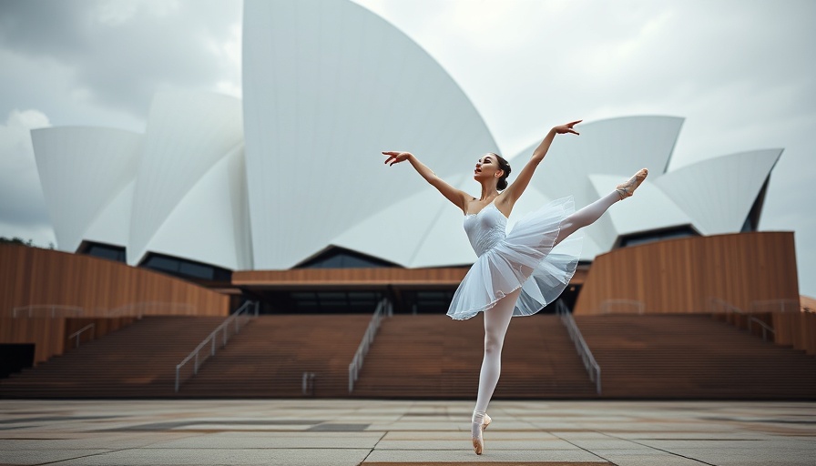 Ballerina performing near architectural structure, elegant pose.