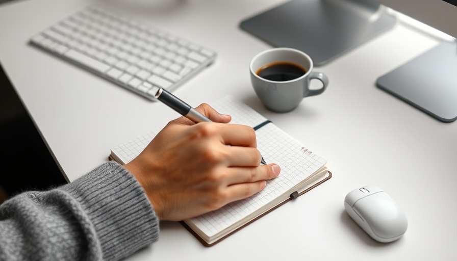 Hands writing in notebook, desk with coffee and AirPods, money mindset property investment.