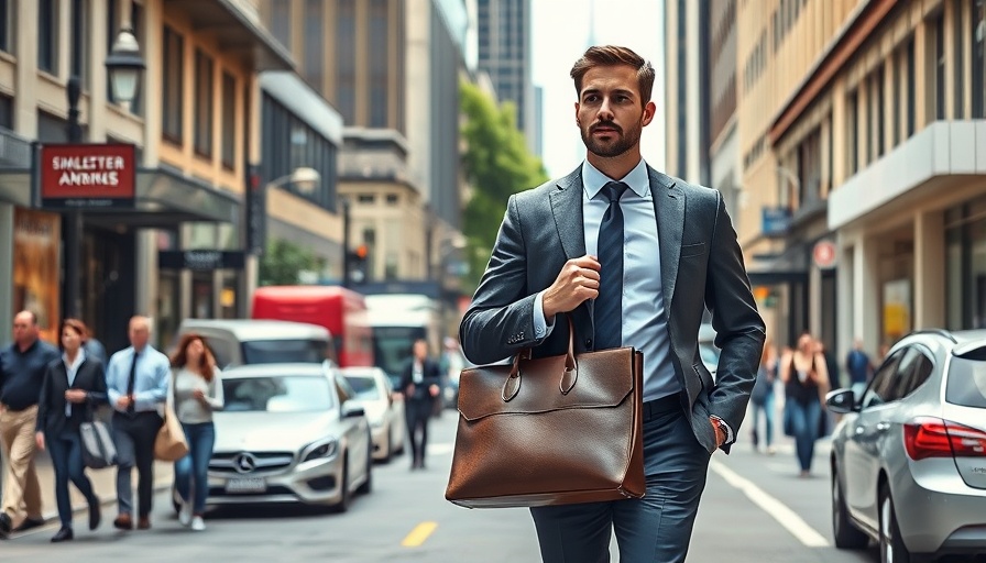 Businessman in Melbourne amid city traffic and pedestrians.