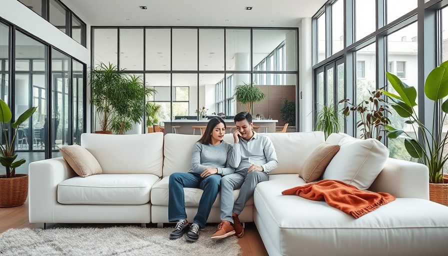 First-time homebuyers regretting purchase in modern living room.