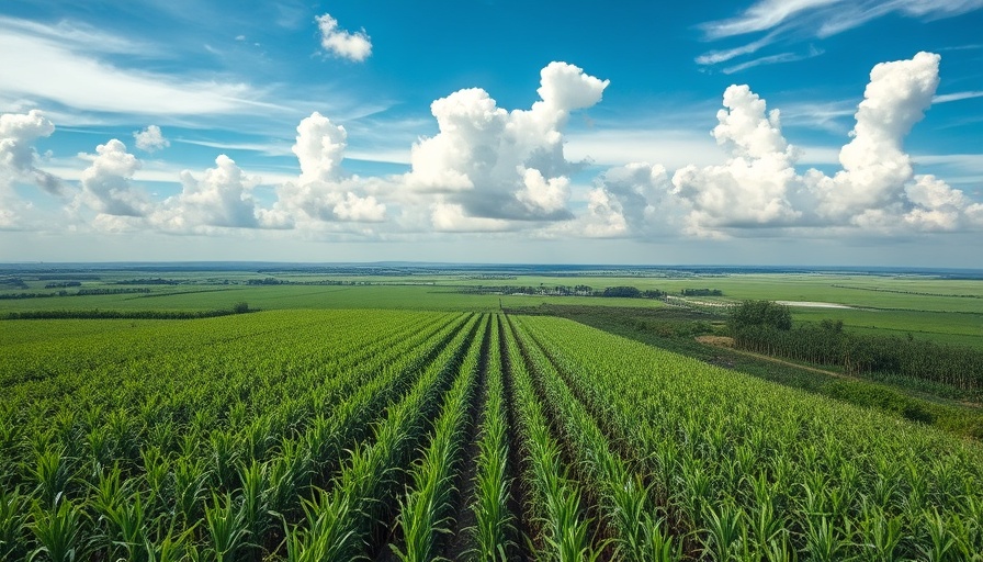 Expansive aerial view of sugarcane fields under bright sky.