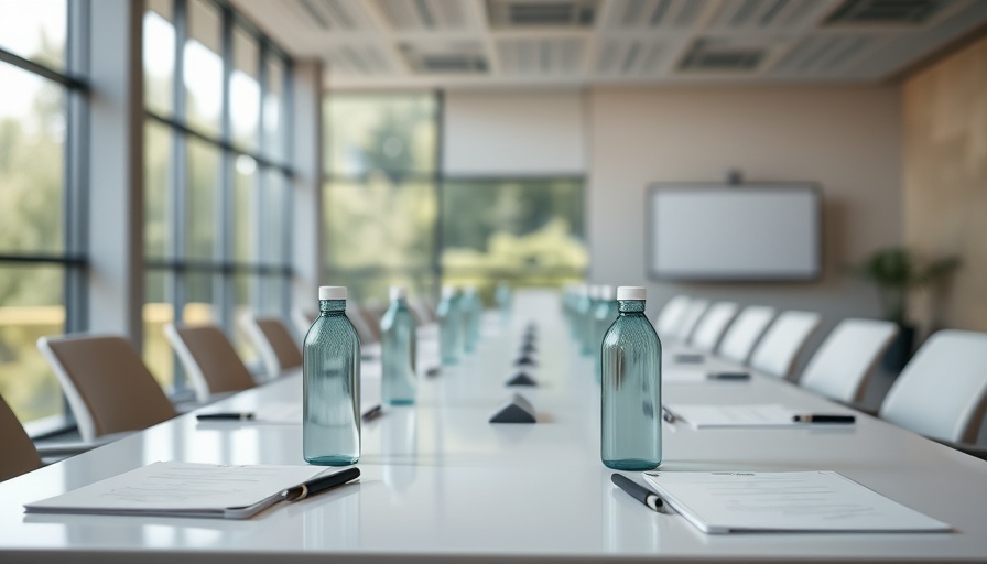 Professional meeting room setup with notepads and water bottles.