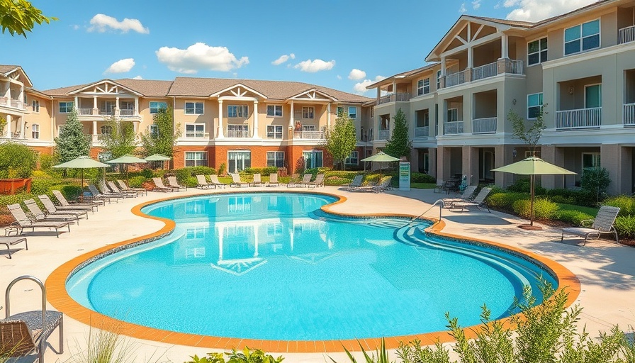 Modern retirement village with pool and garden area.