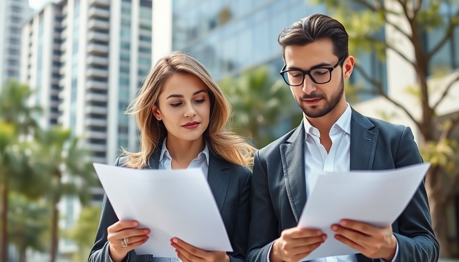 Real estate agents discussing documents in front of Newcastle buildings.