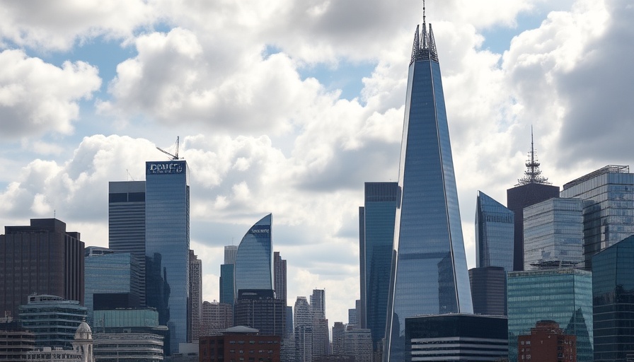 Office towers in the City of London skyline under a cloudy sky.