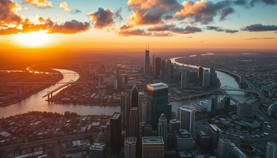 Aerial view of Brisbane cityscape at sunset, highlighting construction costs.