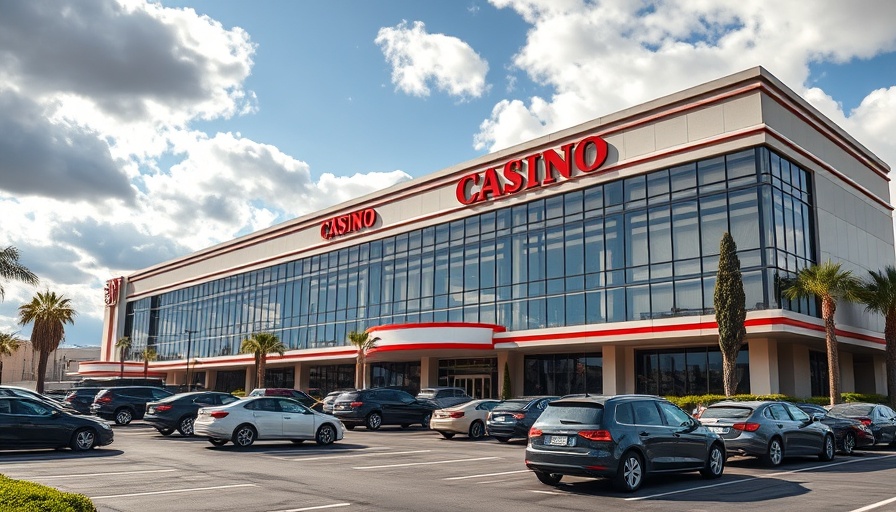 Modern casino building with busy parking lot under cloudy sky.