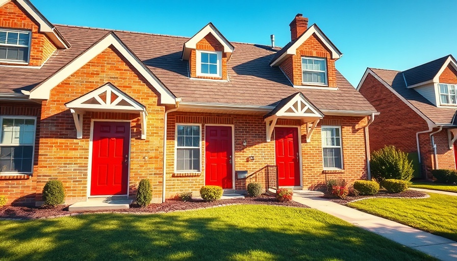 Charming suburban house in PRS REIT sale process, brick facade with red doors and white windows, sunny day.