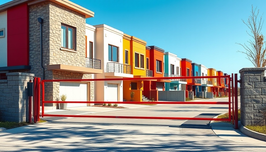 Modern colorful townhouses with driveway gate in suburban area, real estate news
