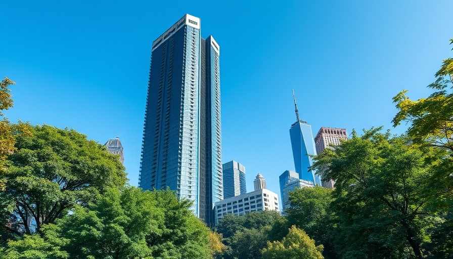 Commercial real estate market NYC, skyscraper view with greenery.