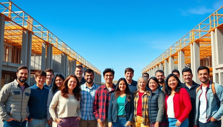 Group of people at construction site discussing 'The Block price guides'.