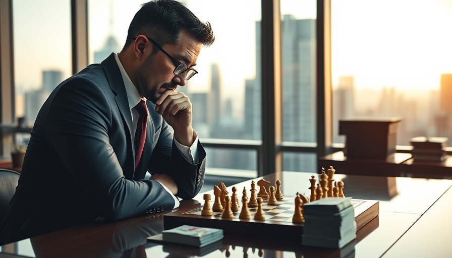 Professional man contemplating chessboard for better decision-making.