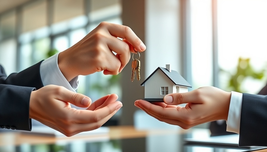 Close-up of hands in a real estate transaction with model house and keys, who will buy my property concept.