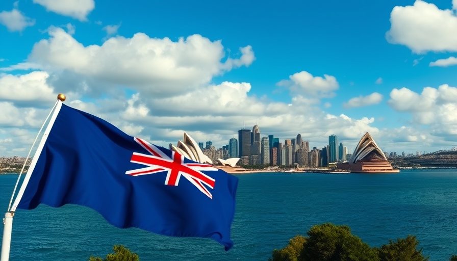 Sydney skyline with Opera House and flag, illustrating Australia's productivity slump threats.