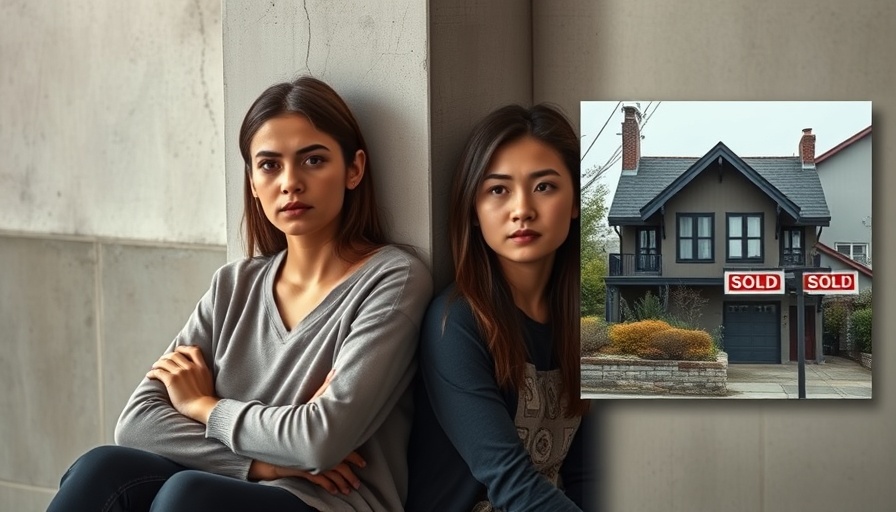 Concerned women and 'Sold' house sign depict Victorian rental crisis.