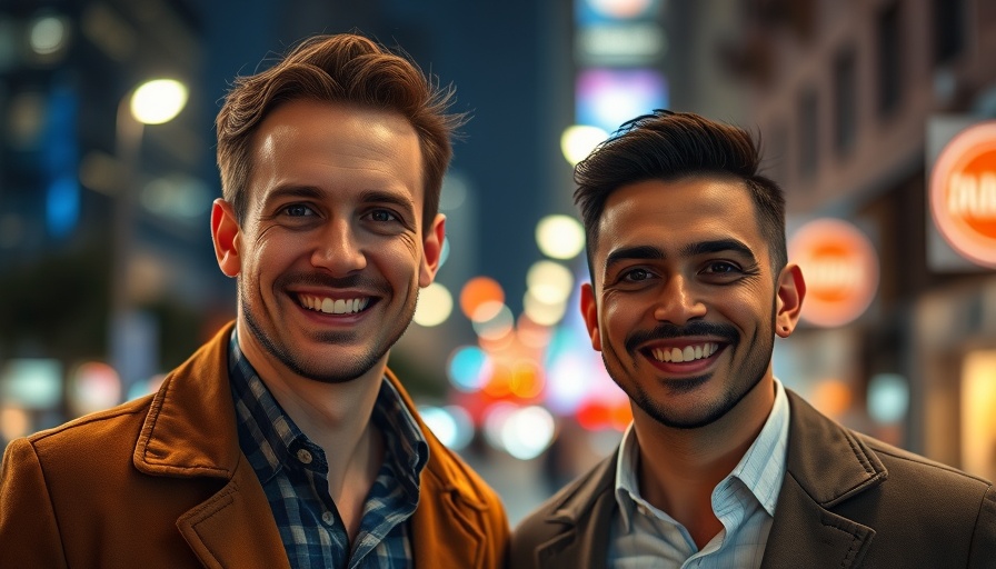 Casual portrait of two smiling men against city night backdrop.