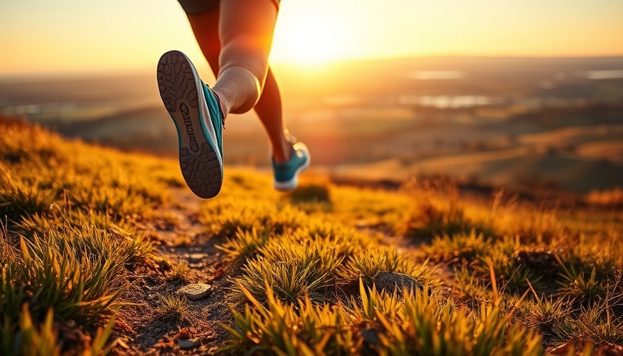 Runner's legs moving forward on a trail during sunrise, symbolizing motivation and success.