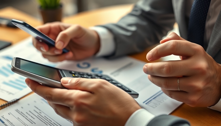 Investors using calculator and phone amid financial charts.