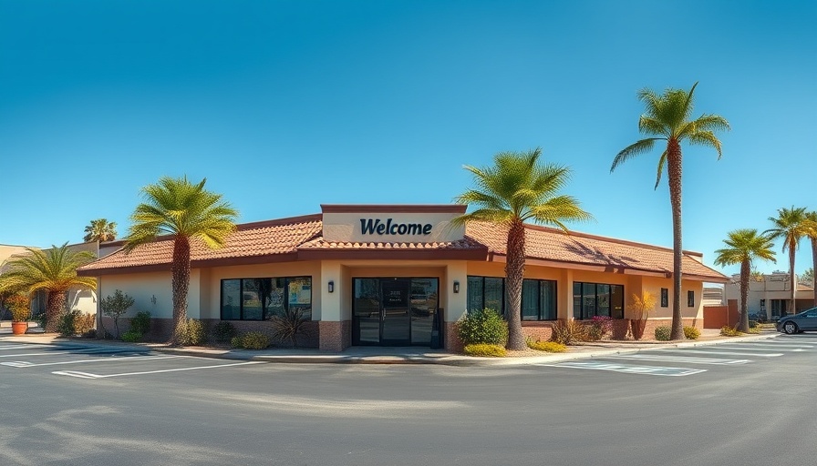 The Alexander Bar and Bistro for sale, exterior view with palm trees.