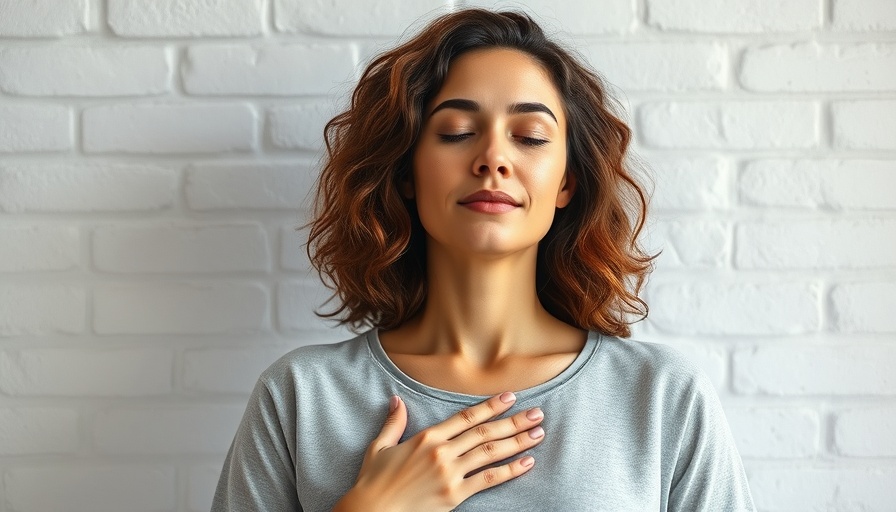 Woman meditating with hands on chest, peaceful expression.